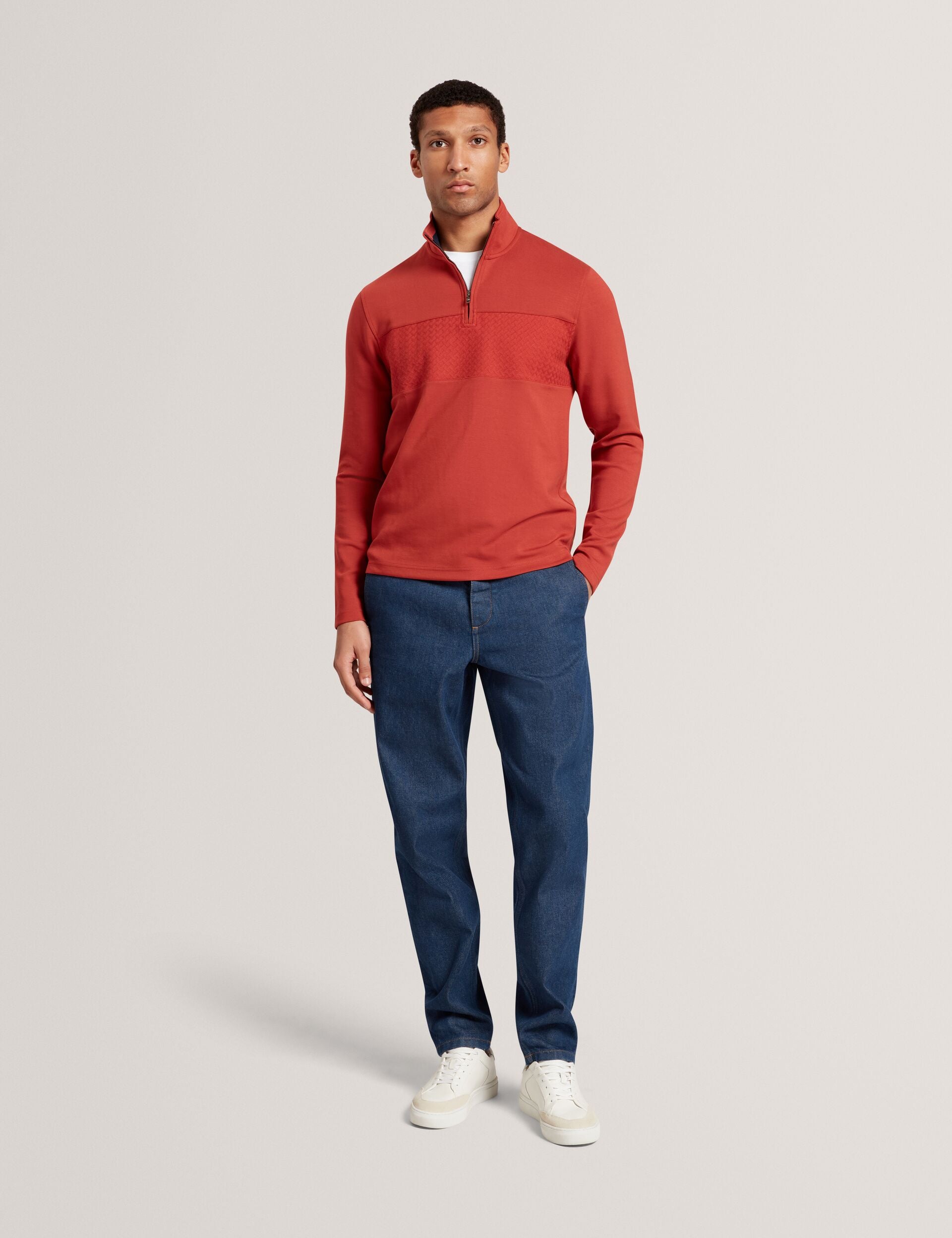 Dk-orange Textured Panel Half-zip Modal Sweatshirt | Simonea | Ted