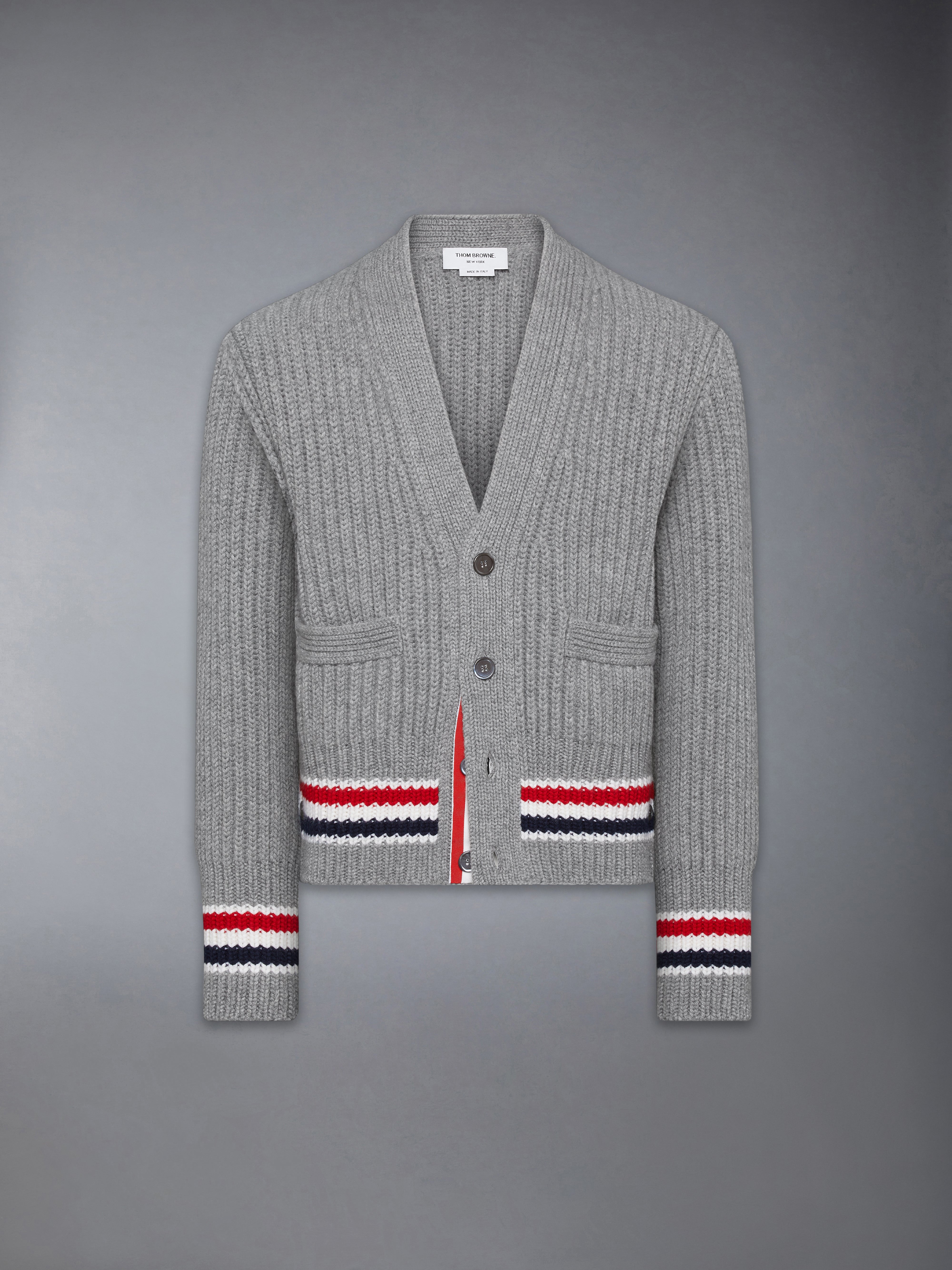 Rwb Stripe Cashmere V Neck Cardigan | Thom Browne