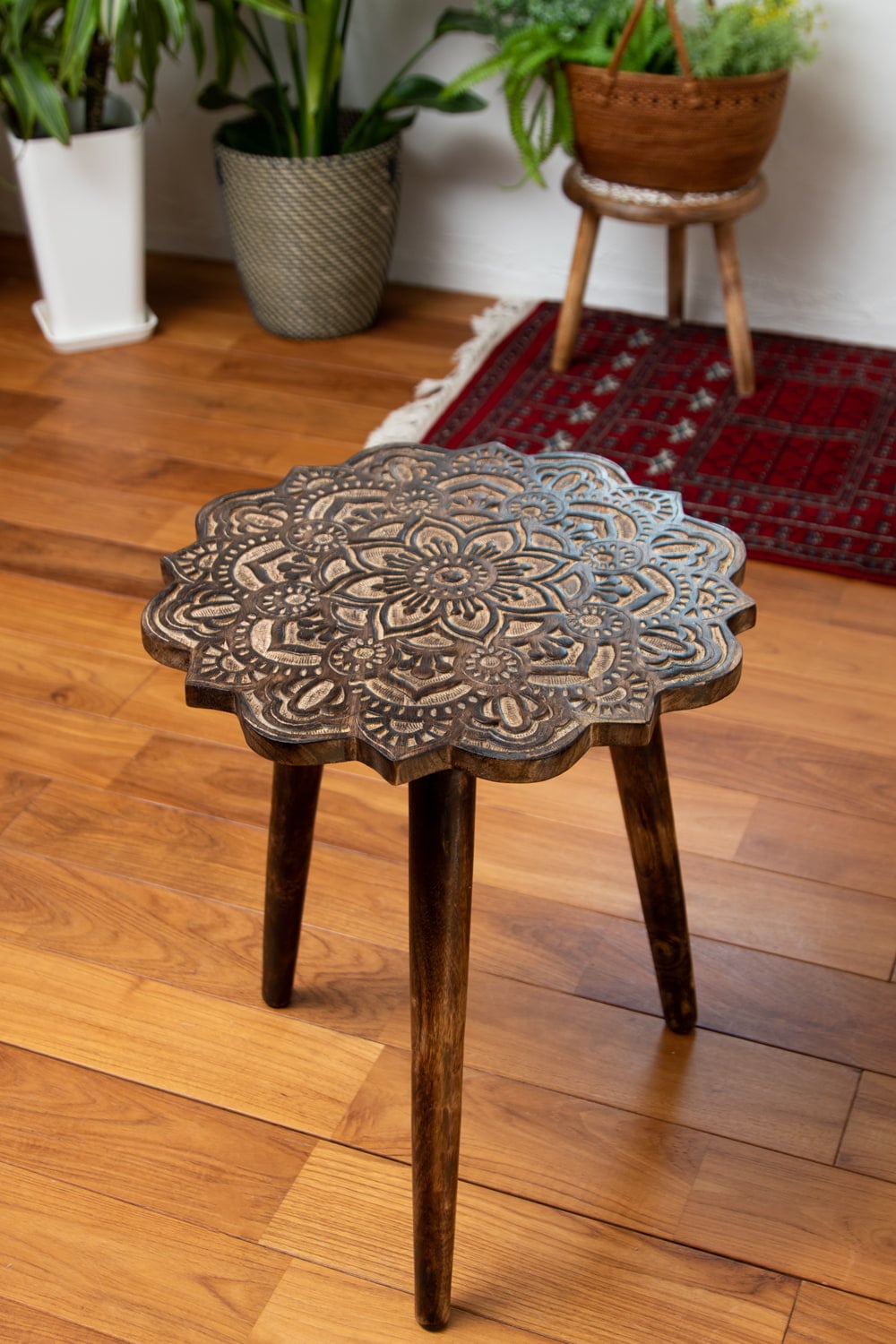 送料無料 アジアン家具 テーブル ナチュラル 木製 (直径44cm)フラワー