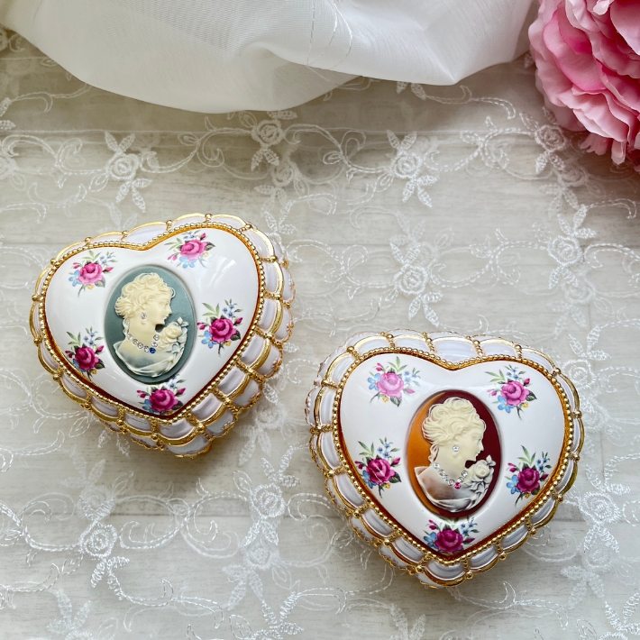 カメオ風 ハートオルゴール 花柄 アンチモニーオルゴール ジュエリー