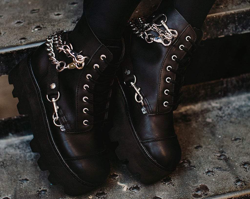 Black Vegan 7-Eye Chain & Strap Dino Lug Creeper Boot