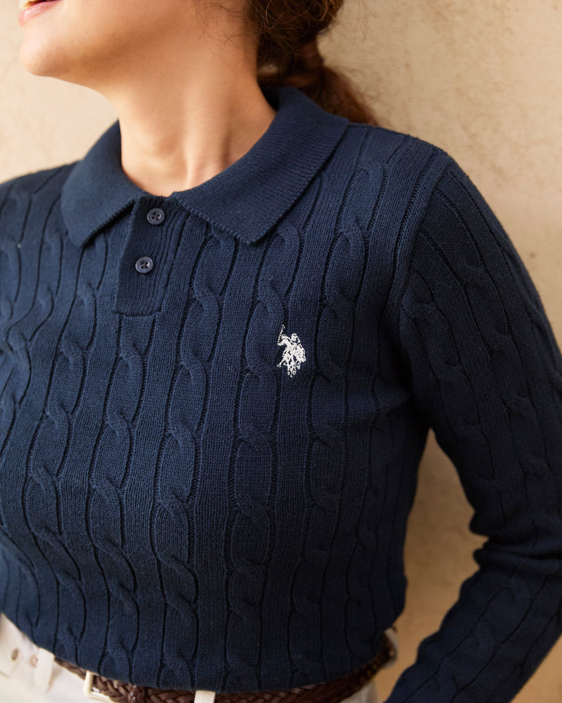 cable polo knit ケーブルポロニット ダブルホースマン刺繍 PLL53470