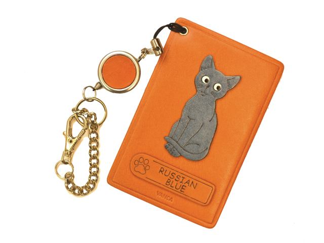 ロシアンブルー/猫 定期入れ/パスケース 革/レザー メール便送料無料