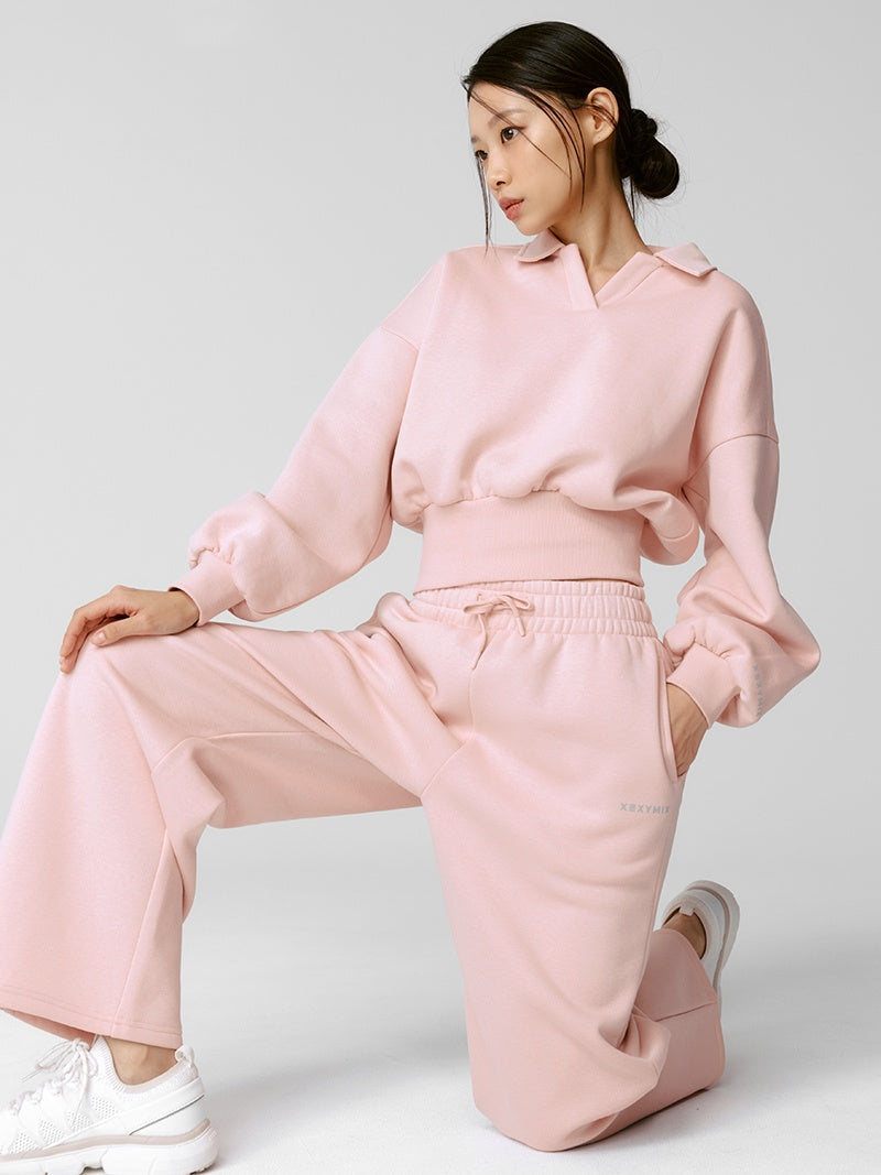 XTFMT11J3 裏起毛 コットン混 オープンカラー クロップド丈 トレーナー