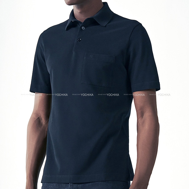 HERMES エルメス ポロシャツ メンズ ポケット付 H刺しゅう ＃XL マリン