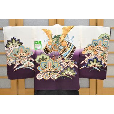 男の子 七五三 羽織 正絹 兜 金駒刺繍 白 紫 【5歳用】 ngs-haori-031
