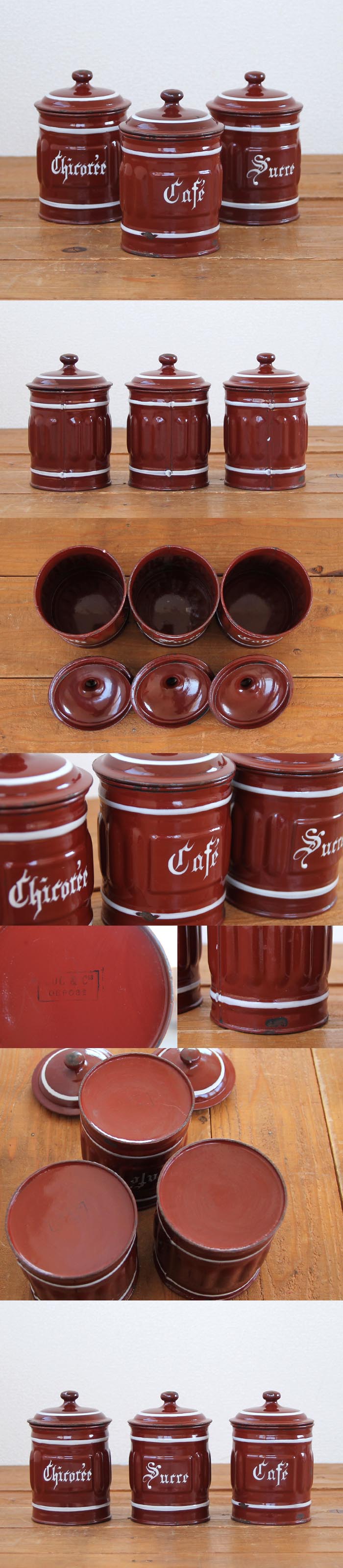 フランス アンティーク LUC＆C ホーローキャニスター3個セット N-753