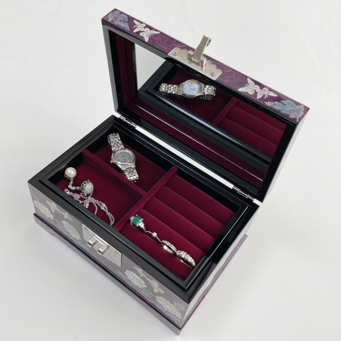 韓国螺鈿宝石箱7牡丹ジュエリーボックス鍵付き2段(パープル) 名刺入