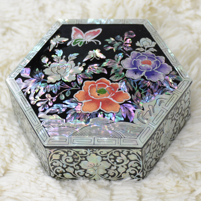韓国六角螺鈿宝石小物入れ 牡丹 名刺入・小物入れ 夢市場本店【韓国