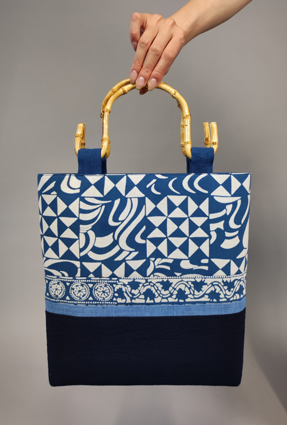 藍染めオリジナルトートバッグ 幾何学模様＆備後絣｜工房 徳元 TOKUGEN