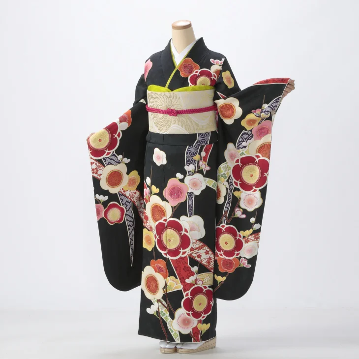 f0523326r2】【黒系】振袖 レンタル フルセット Mサイズ 成人式 着物