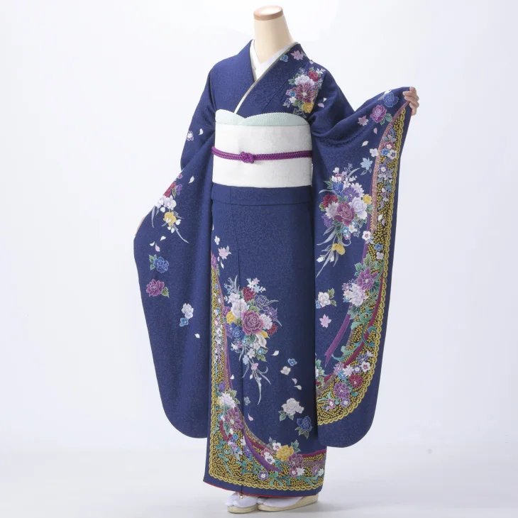 f0420129r2】【青・紺系】振袖 レンタル フルセット Lサイズ 【状態:A