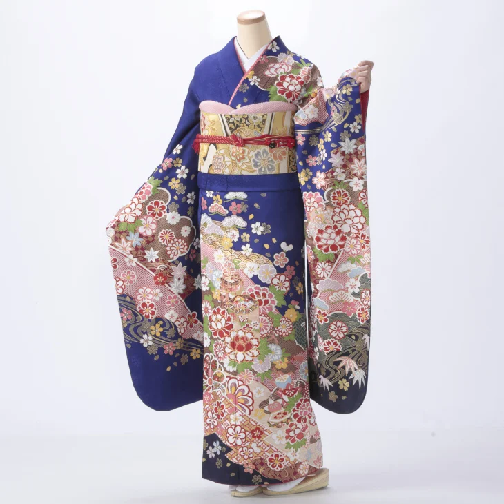 f0519113r2】【青・紺系】振袖 レンタル フルセット Mサイズ 【状態:A