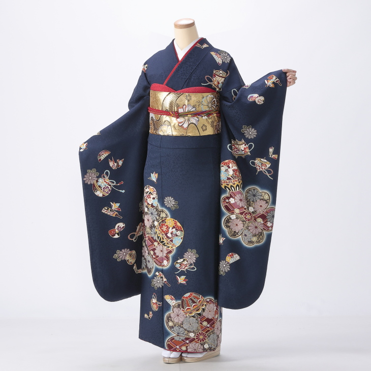 f0522204r】【青・紺系】振袖 レンタル フルセット Mサイズ 【状態:S