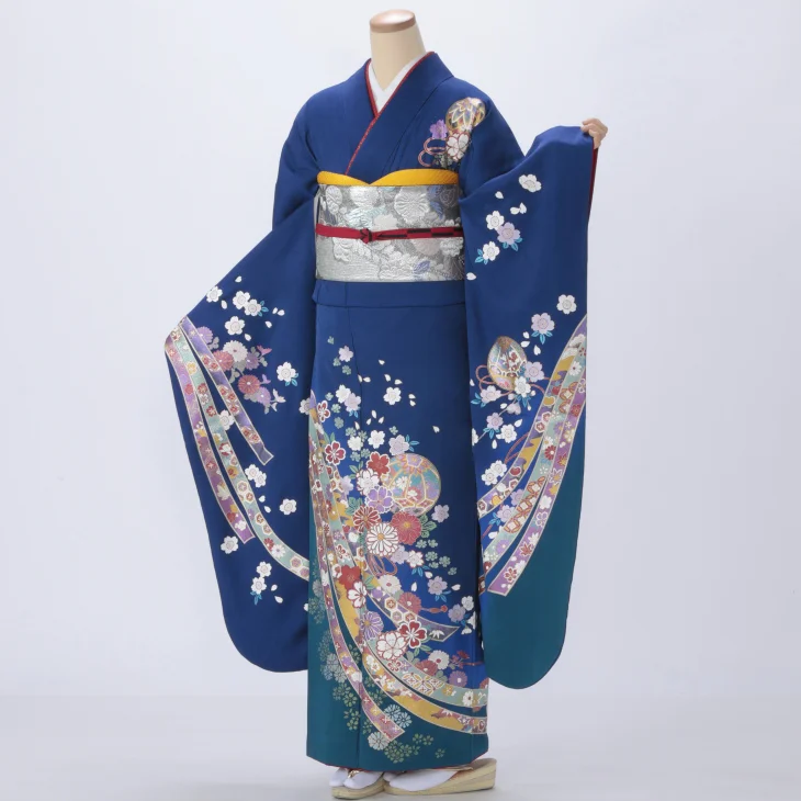 f1019013r2】【青・紺系】振袖 レンタル フルセット Lサイズ 【状態:A