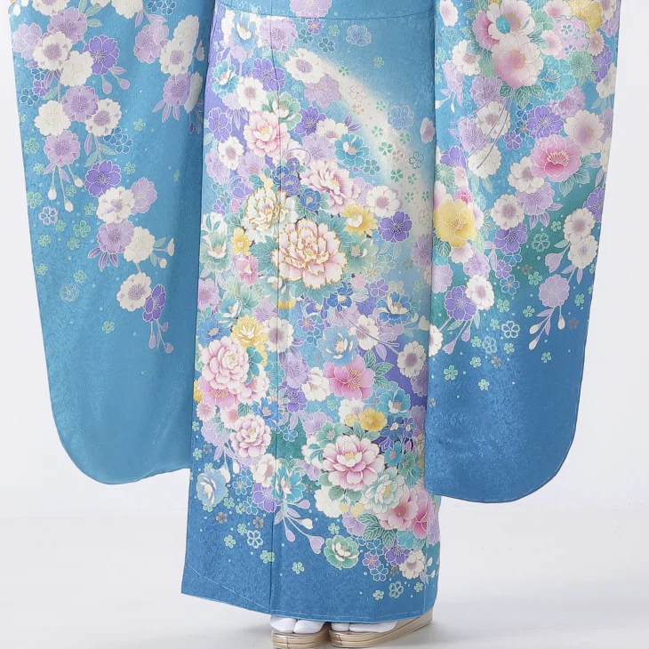 f8025009r】【青・紺系】振袖 レンタル フルセット Mサイズ ほぼ新品