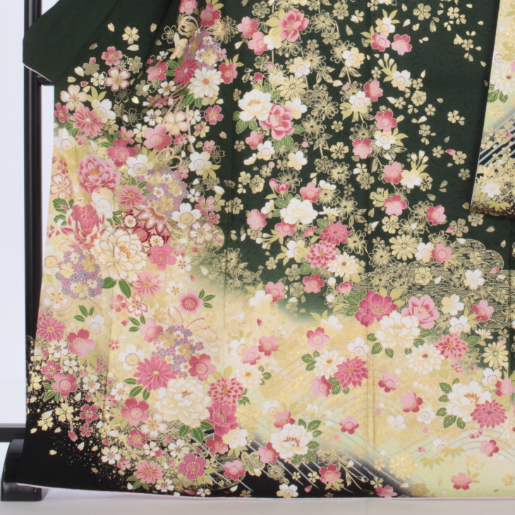 f0520120r2】【グリーン系】振袖 レンタル フルセット Lサイズ 【状態