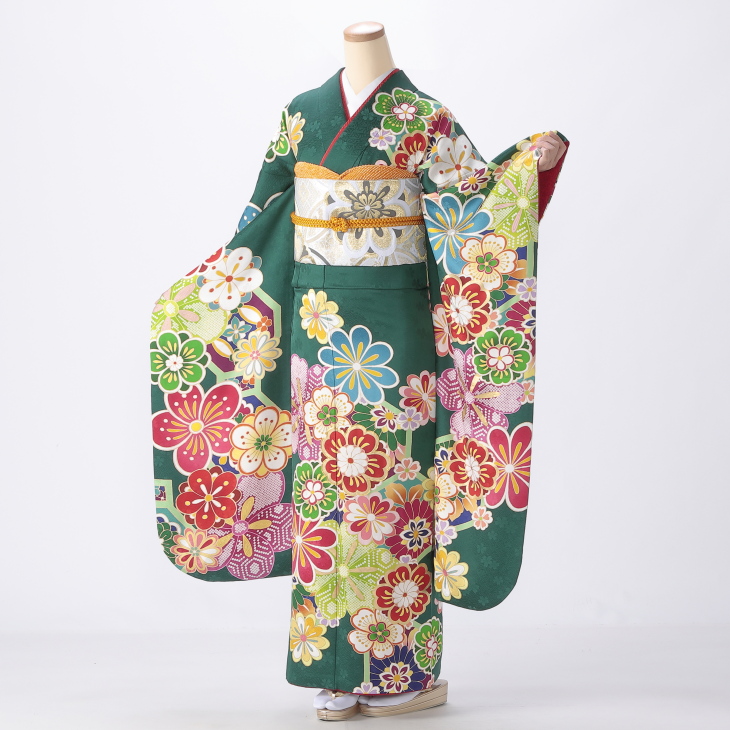 f0523394r】【グリーン系】振袖 レンタル フルセット Mサイズ 【状態:S