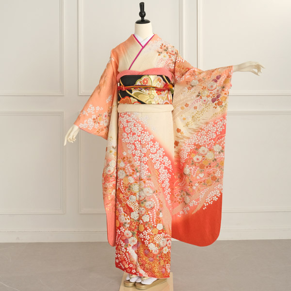 f8022004r】【ピンク・オレンジ系】振袖 レンタル フルセット Lサイズ