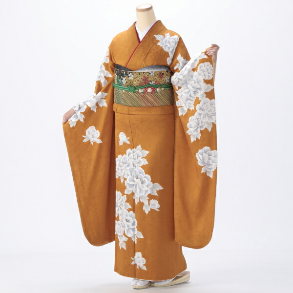 f0522553r】【からし・黄系】振袖 レンタル フルセット Mサイズ 【中古