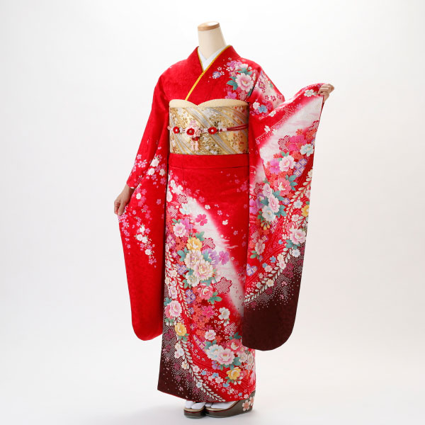f0820022r2】【赤・ワイン系】振袖 レンタル フルセット Mサイズ