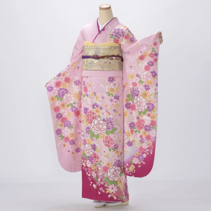 f0414003r2】【ピンク・オレンジ系】振袖 レンタル フルセット Lサイズ