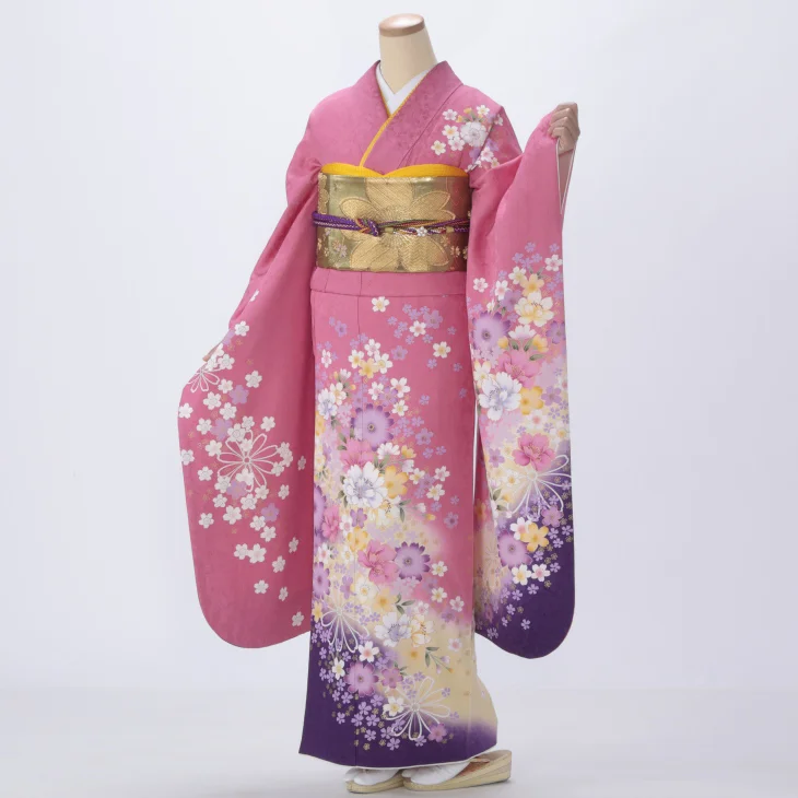 f0114007r2】【ピンク・オレンジ系】振袖 レンタル フルセット Mサイズ