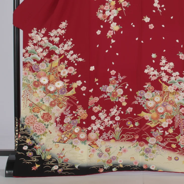 f0718140r】【赤・ワイン系】振袖 レンタル フルセット Lサイズ 【状態