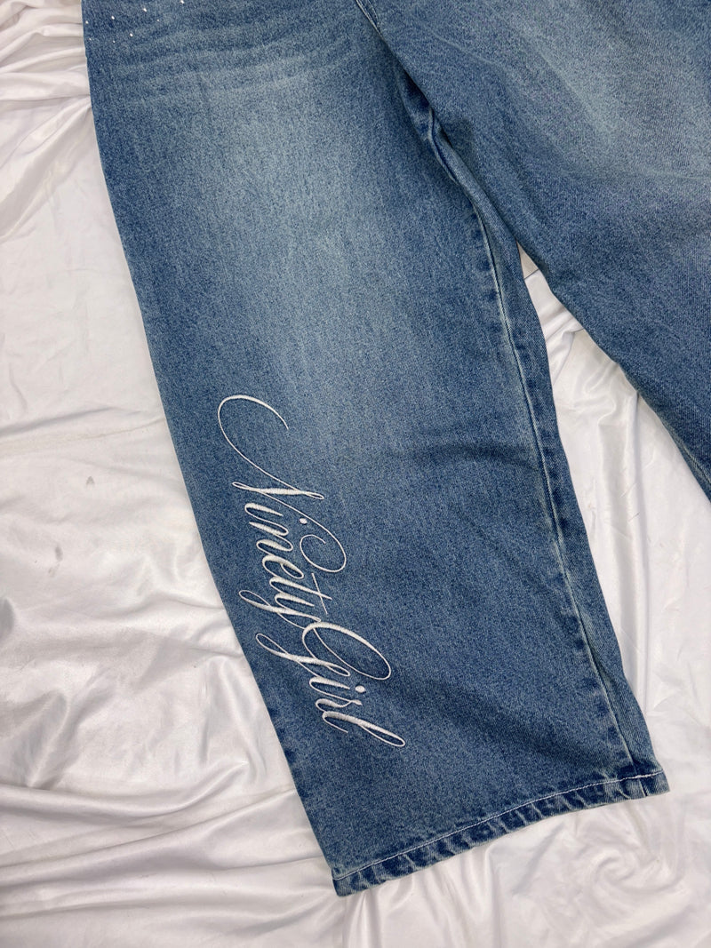 Feather logo Studs Buggy Denim Pants – YZ