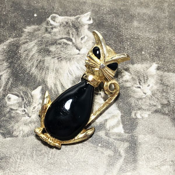 イギリスヴィンテージ黒猫ブローチ福猫|ACTON ANTIQUES英国