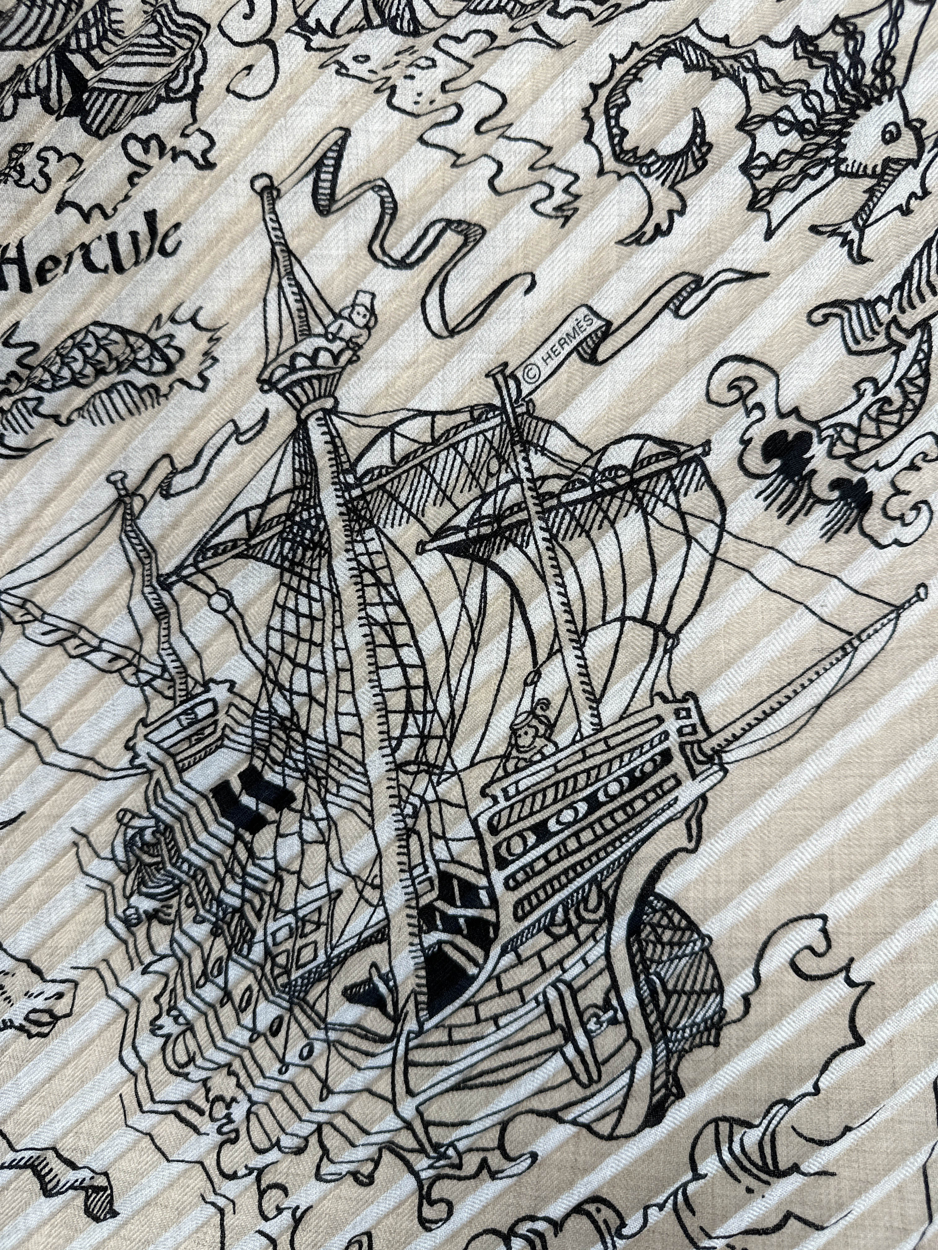 Hermès Tatouages Marins Bandana Cashmere Silk Plissé 140