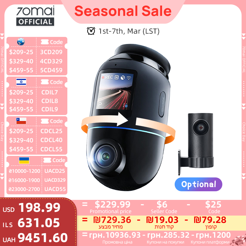 Global Version 70mai Dash Cam 4K Omni X800 360° Rotating Dual