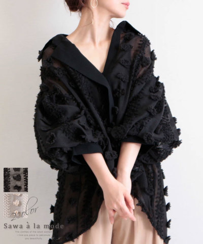 レディース 大人 上品 花模様のぽわん袖シースルートップス mode-6367