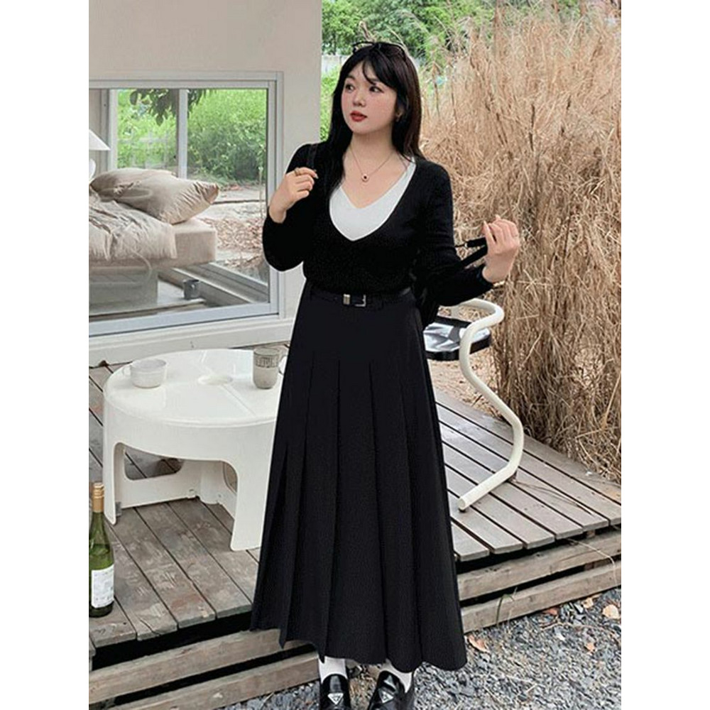 ベルト付き ハイウエスト Aライン ロング丈プリーツスカート 大きい