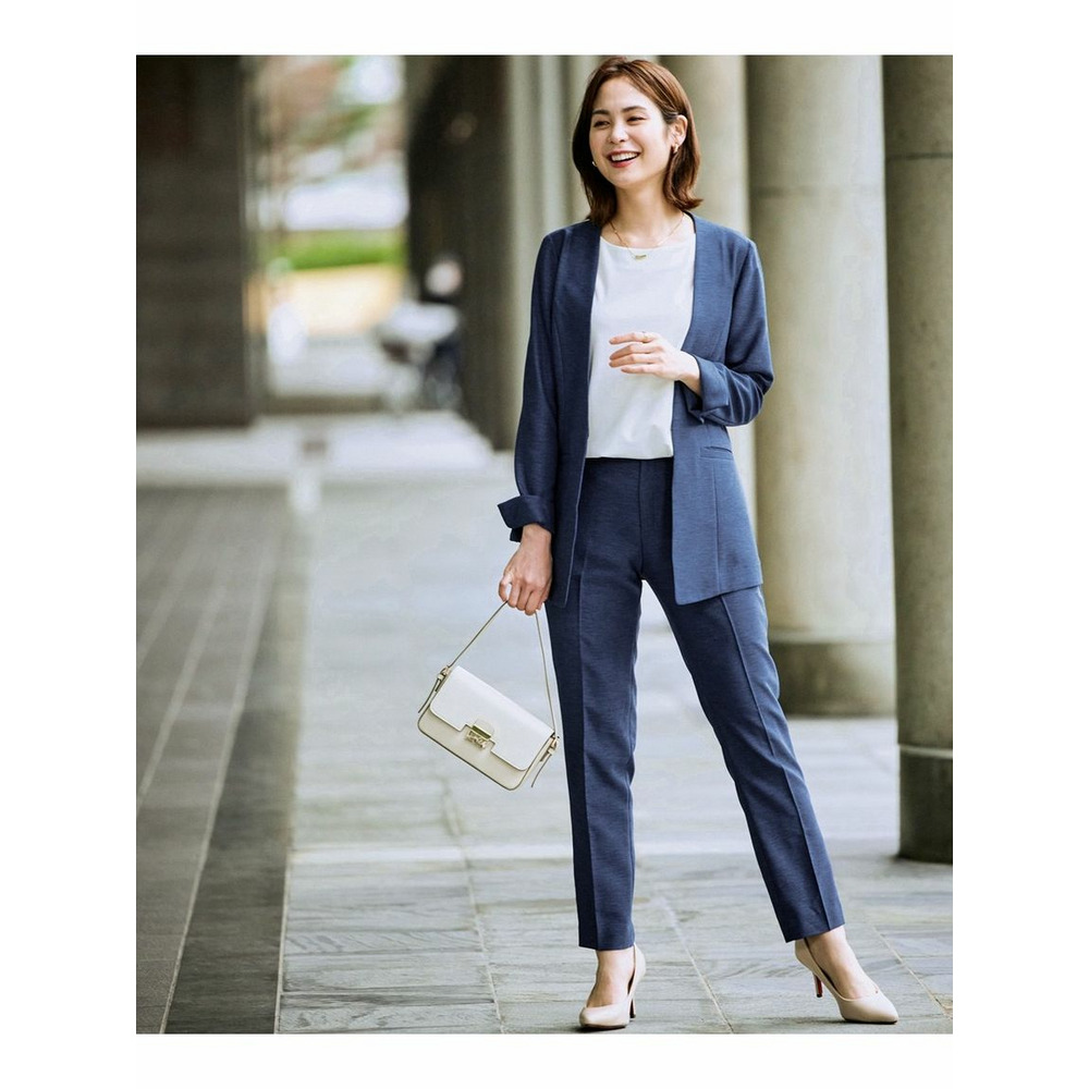 レディーススーツ】ストレッチロング丈ノーカラージャケットパンツ