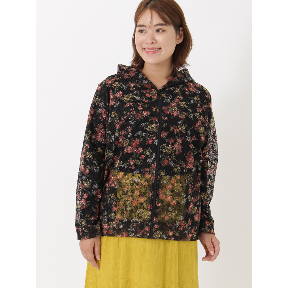 3-10L】【日本製】花柄ラッセルレースパーカー 大きいサイズ