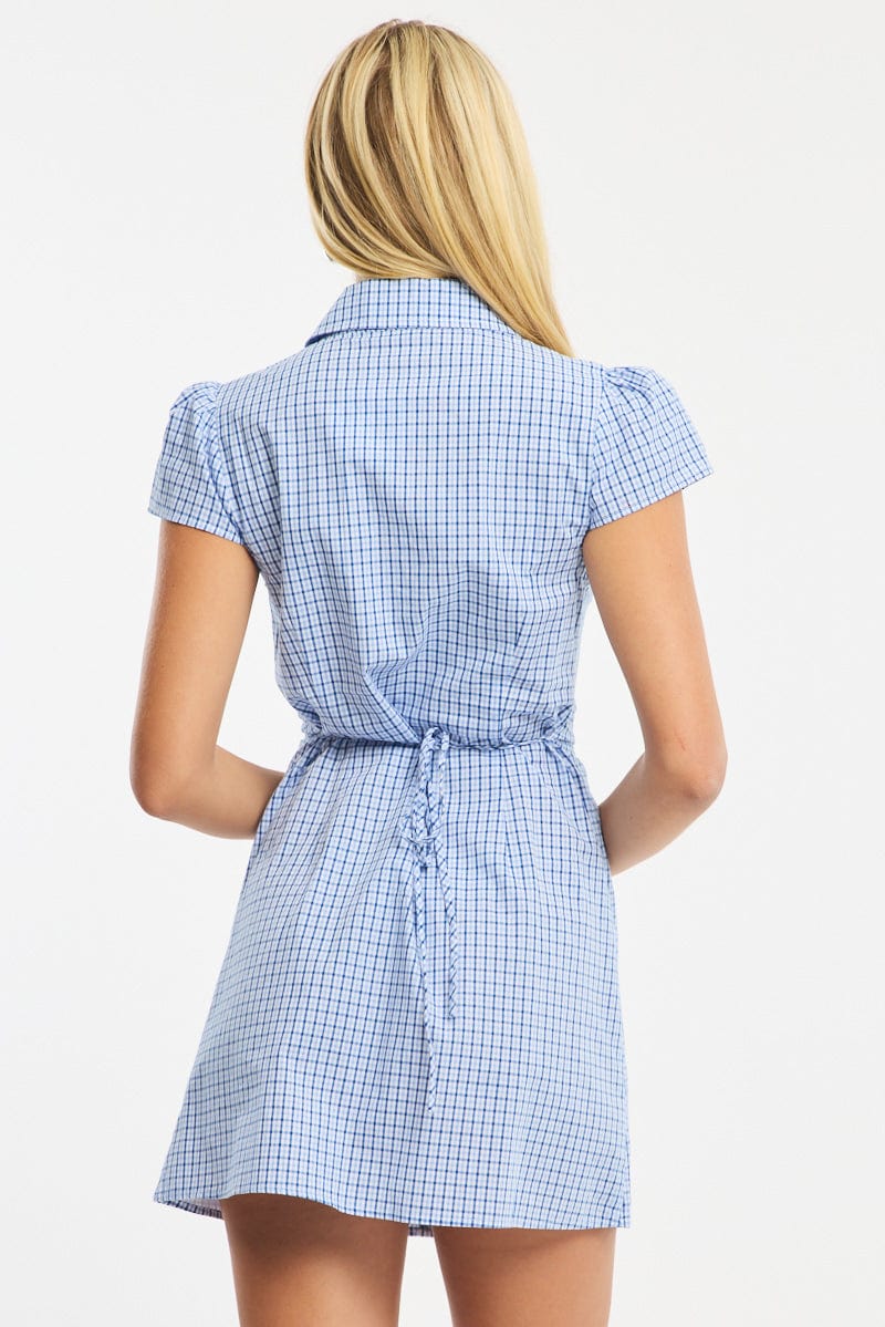 Blue Check Mini Dress Collared | Ally Fashion