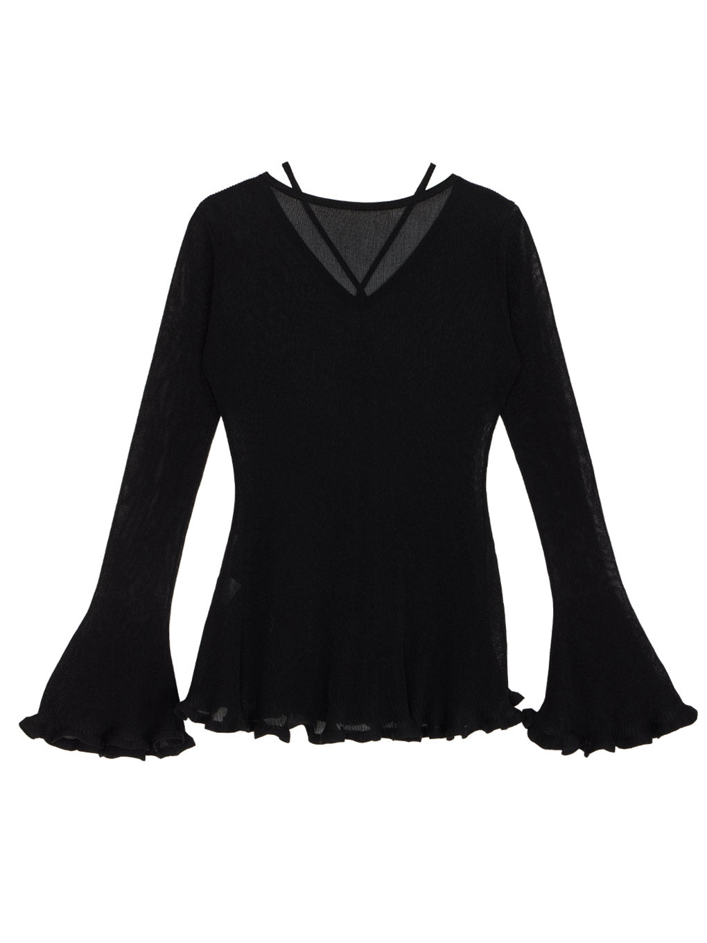SHEER FRILL V NECK KNIT TOP