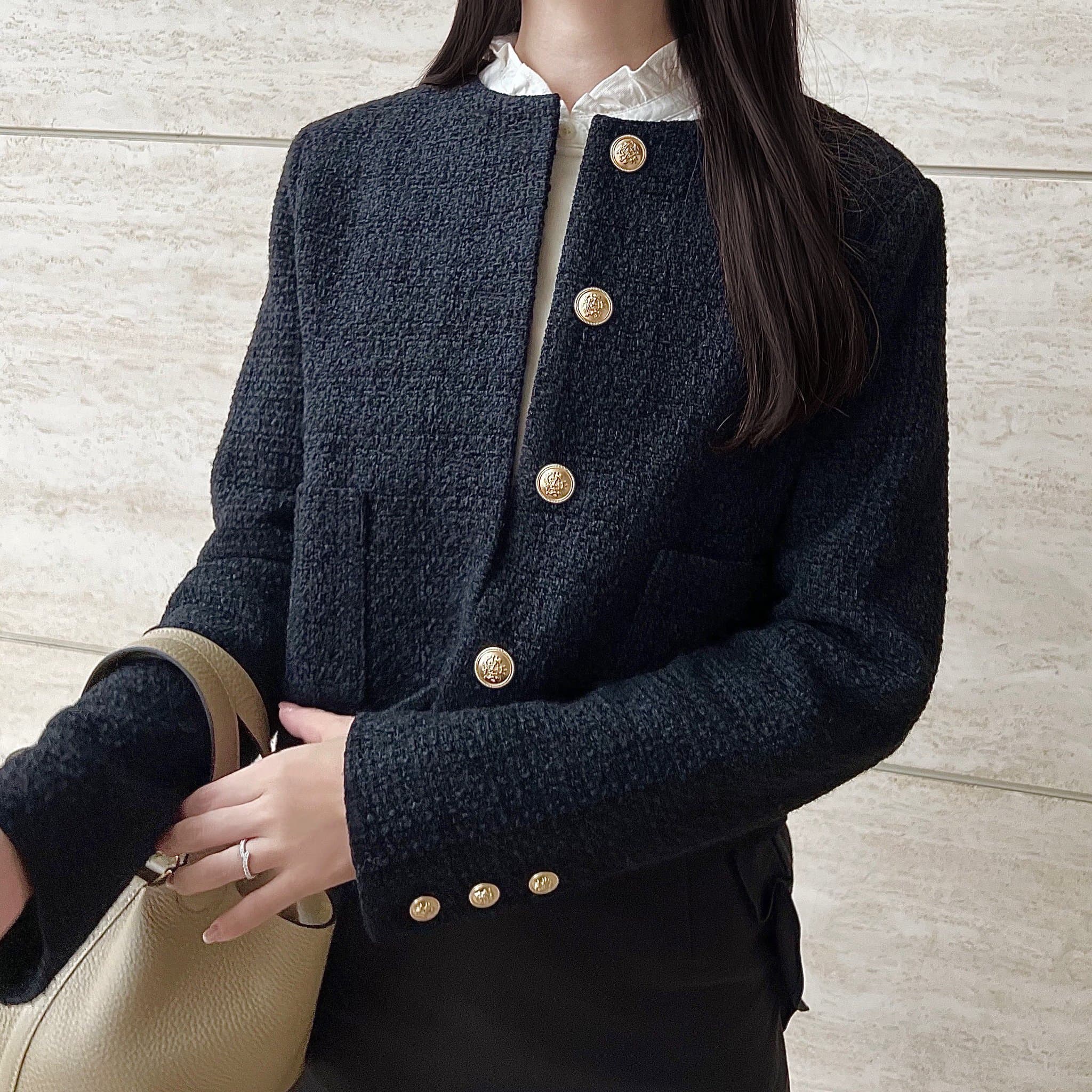 ウールブレンドノーカラーツイードジャケット – AMLOIRE