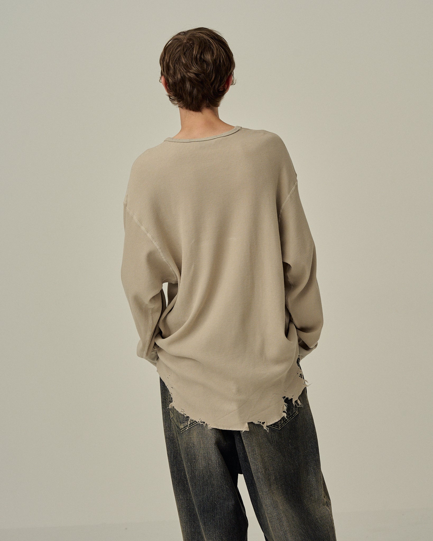 DAMAGE WAFFLE CREW LS T-SHIRT(GREIGE) – ANCELLM