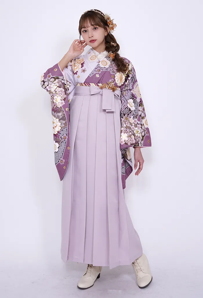 着物】薄紅×白に短冊祝花+【袴】スモーキーピンク｜卒業式袴宅配ネット