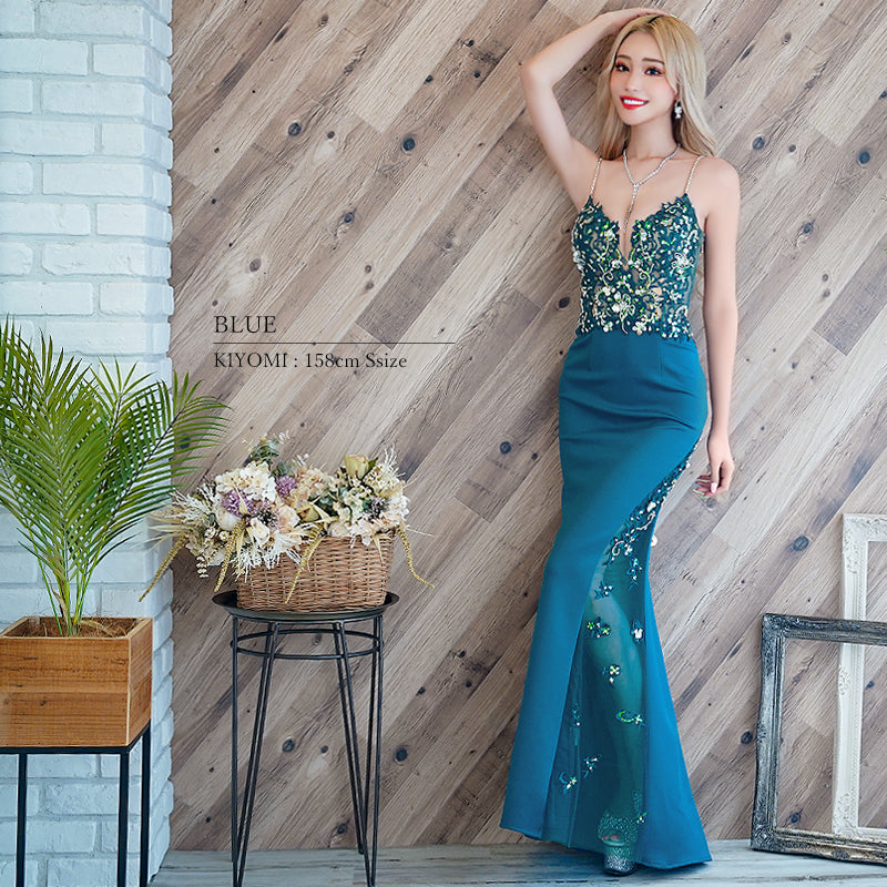 アッパーフラワースパンコールスリットタイトロングドレス]AngelR