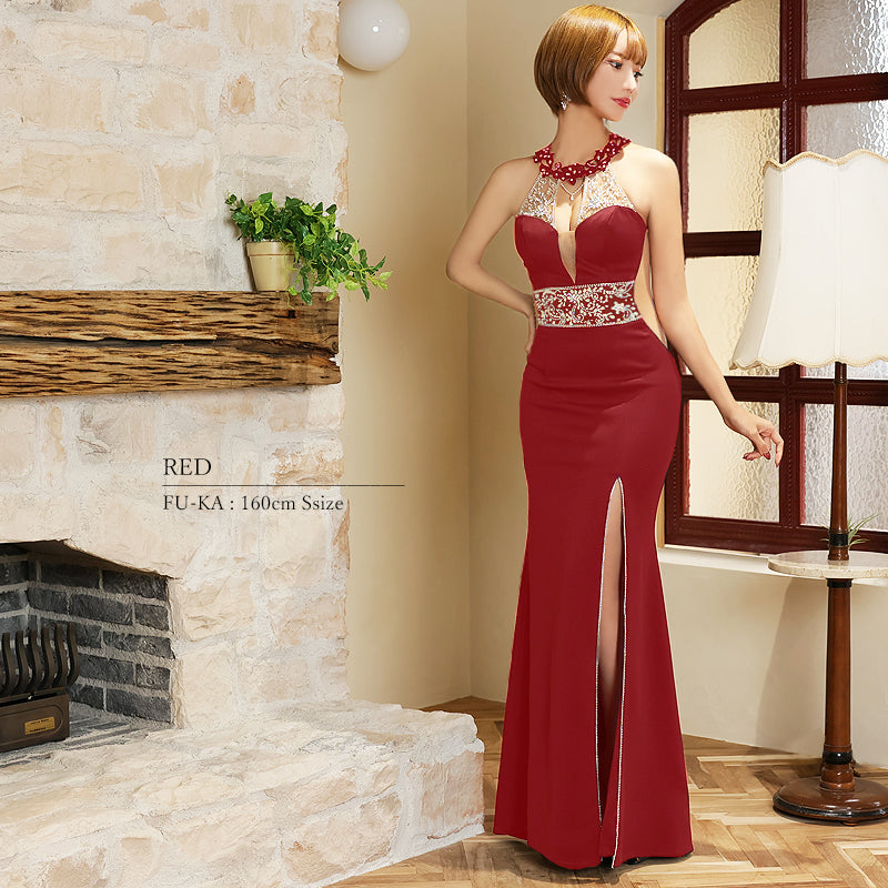 デコルテウエストスパンコールパールビジューチャームタイトロング