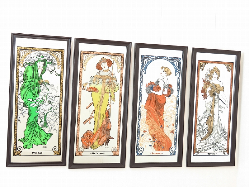 ミュシャの「四季（春・夏・秋・冬）」4枚セットの古い壁掛け鏡