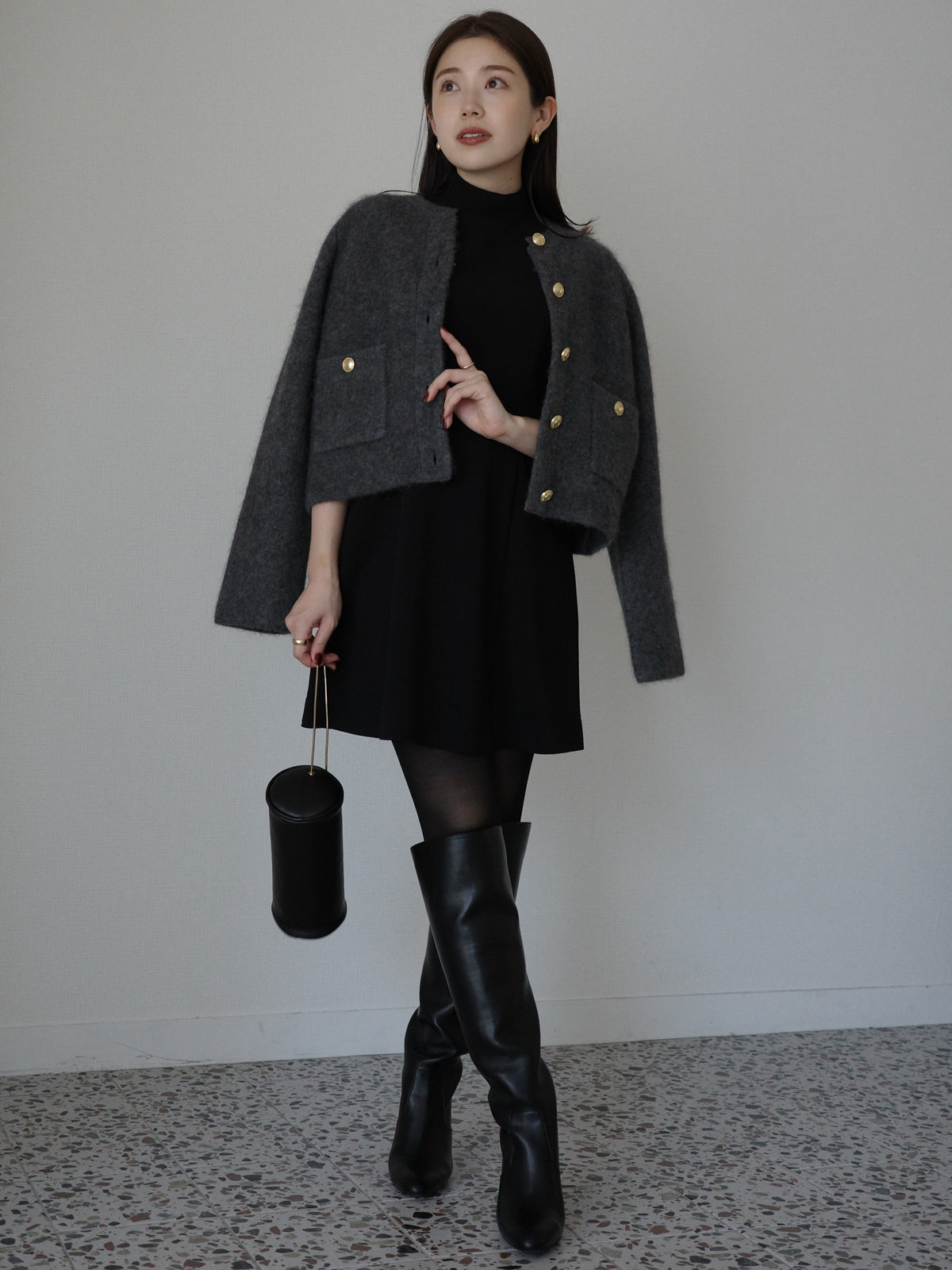 カシミヤブレンドノーカラーニットジャケット