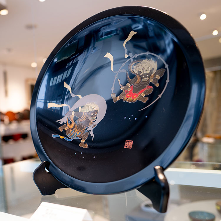 木製漆塗飾皿 蒔絵 伝統工芸品 風神雷神 【インテリア絵皿】 | 遊部