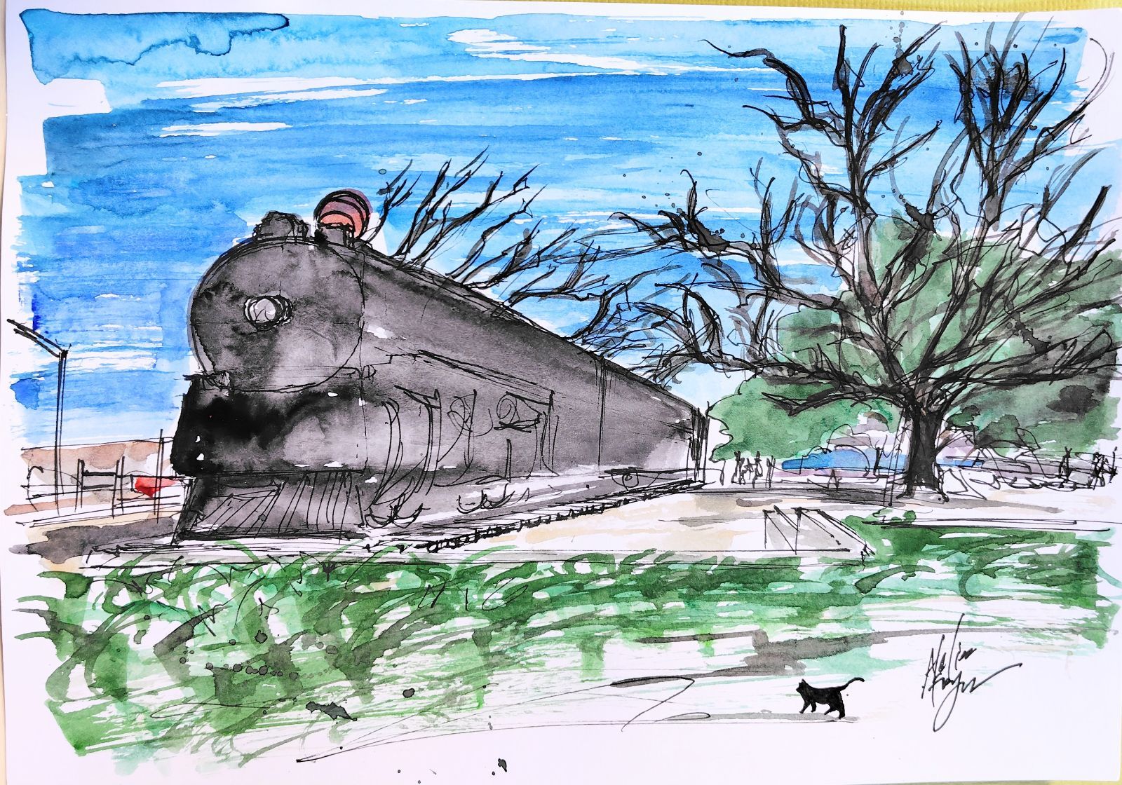 原画#365 黒猫 猫 アリゾナ 汽車 水彩画 ドローイング インテリア