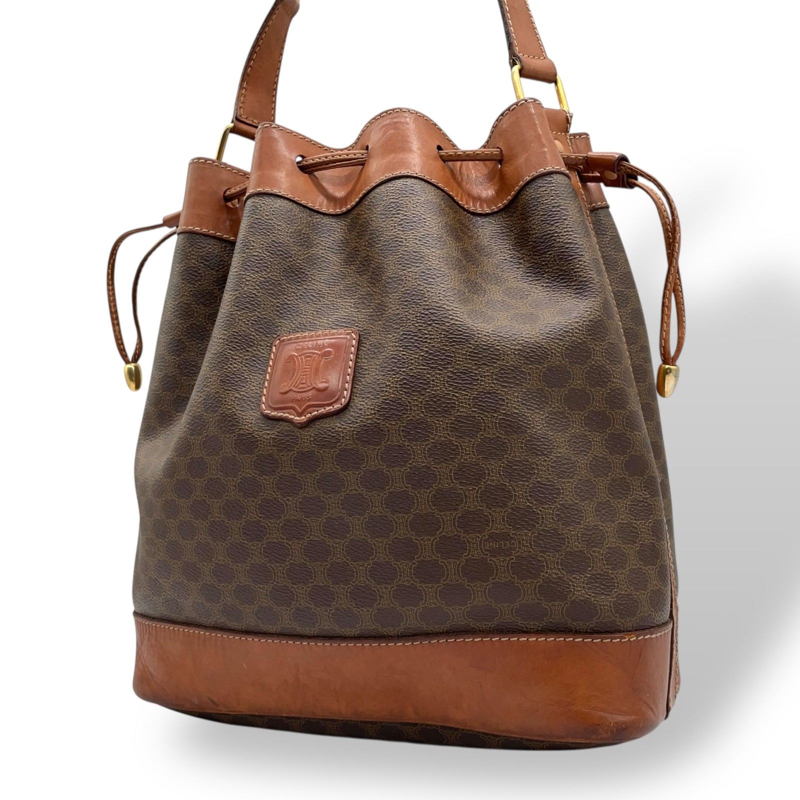 CELINE セリーヌ マカダム PVC レザー 巾着型 ショルダーバッグ ワン