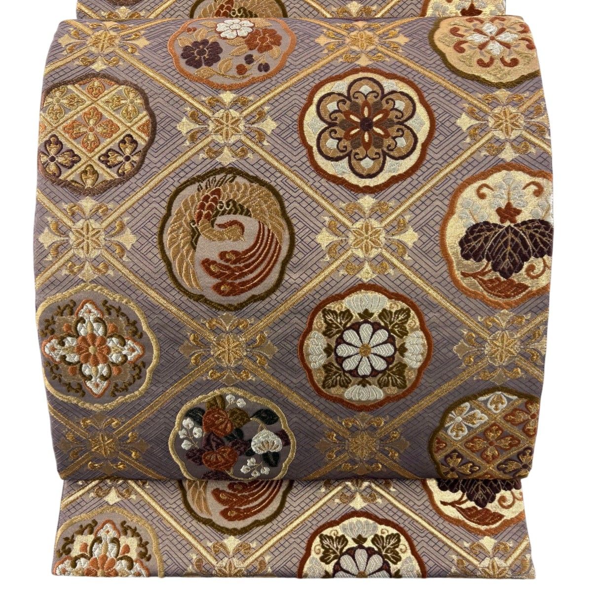 美品】 袋帯 秀品 華文 花鳥 唐織 金糸 灰紫 六通 正絹 【中古
