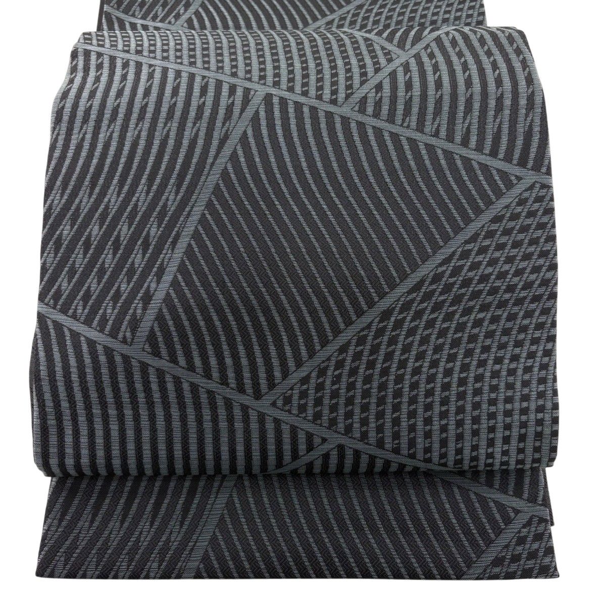 美品】 袋帯 名品 斉藤三才 落款 幾何学 銀糸 墨色 六通 正絹 【中古